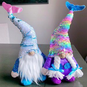 15" Male Female Color Change Sequin Hat Ocean Mermaid Wood Nose Plush Gnome Doll